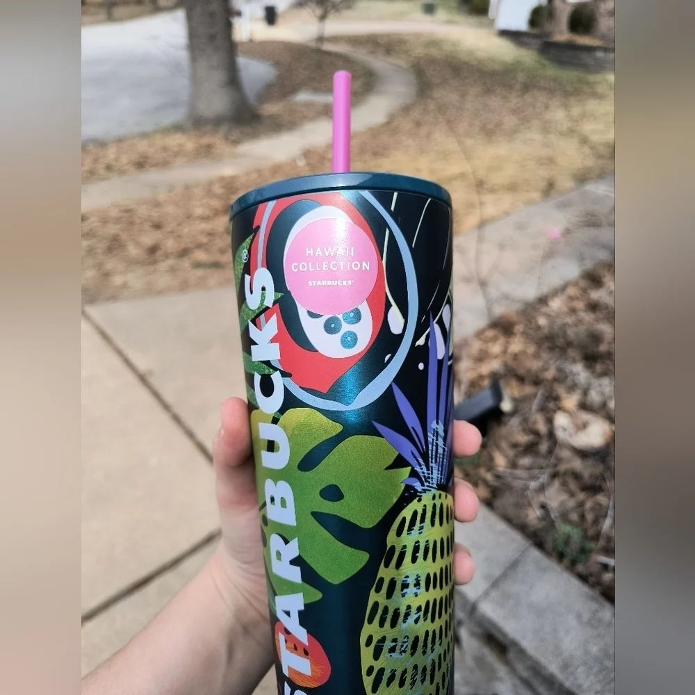 Starbucks Palm Leaf Tropical Fruit 24oz Stainless Steel Tumbler with Pink Straw